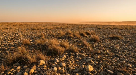Vue panoramique de la plaine de la Crau avec ses étendues de galets et l'horizon lointain rappelant les paysages africains