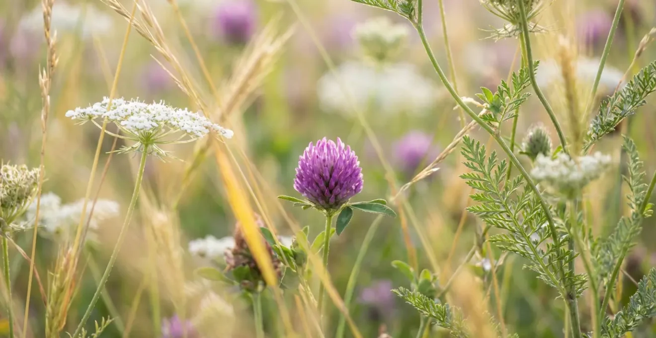 Gros plan sur la diversité botanique d'une prairie de Crau avec graminées et légumineuses