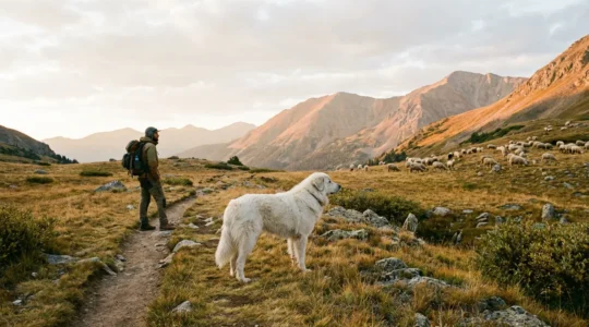 Rencontre entre un randonneur et un chien de protection des troupeaux en montagne
