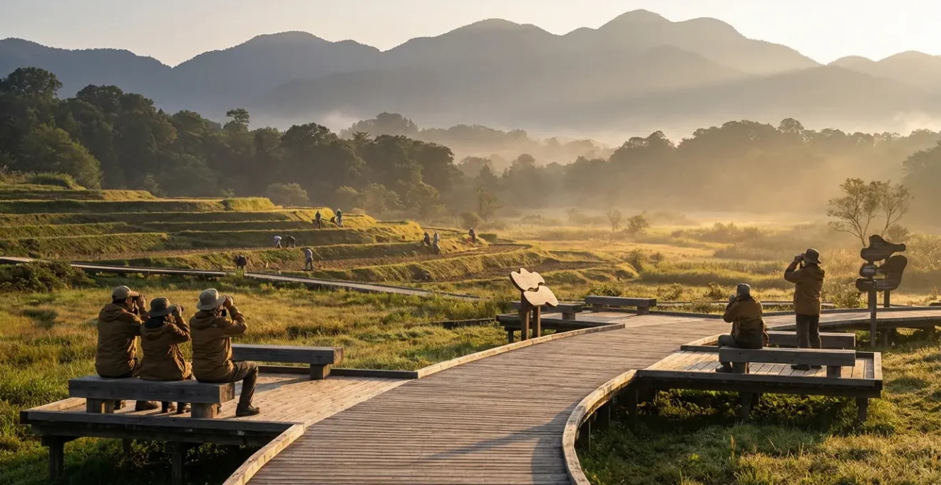 Vue aérienne d'un paysage de réserve de biosphère avec des visiteurs observant discrètement la nature