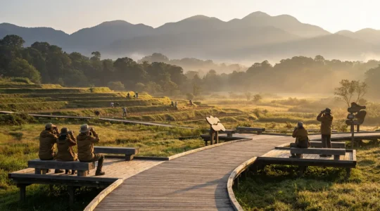 Vue aérienne d'un paysage de réserve de biosphère avec des visiteurs observant discrètement la nature