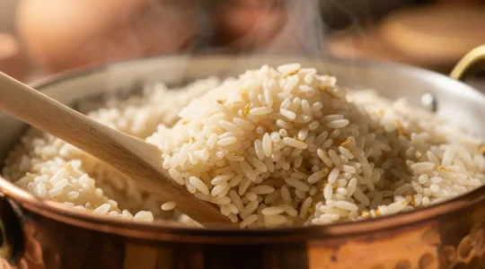 Grains de riz de Camargue dans une casserole en cuivre avec vapeur et texture croquante visible