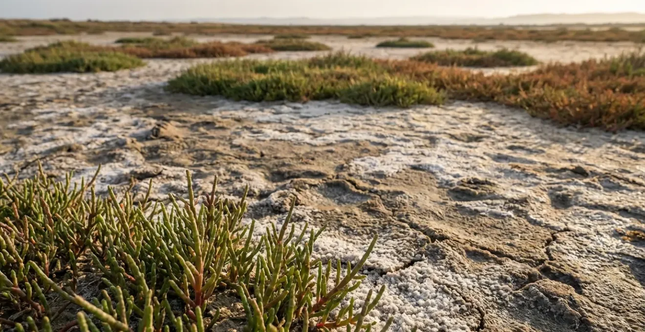 Paysage de sansouïre en Camargue avec salicornes vertes et rougeâtres sous lumière dorée