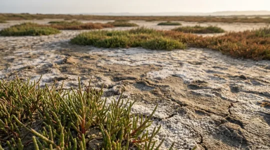 Paysage de sansouïre en Camargue avec salicornes vertes et rougeâtres sous lumière dorée