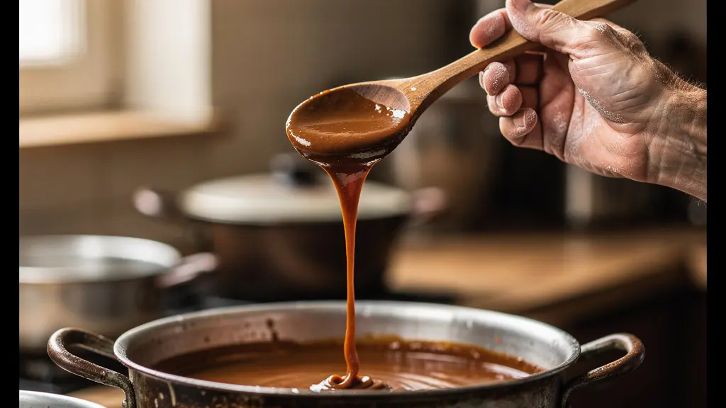 Cuillère en bois soulevant une sauce brune épaisse et brillante d'une cocotte, montrant sa texture nappante parfaite