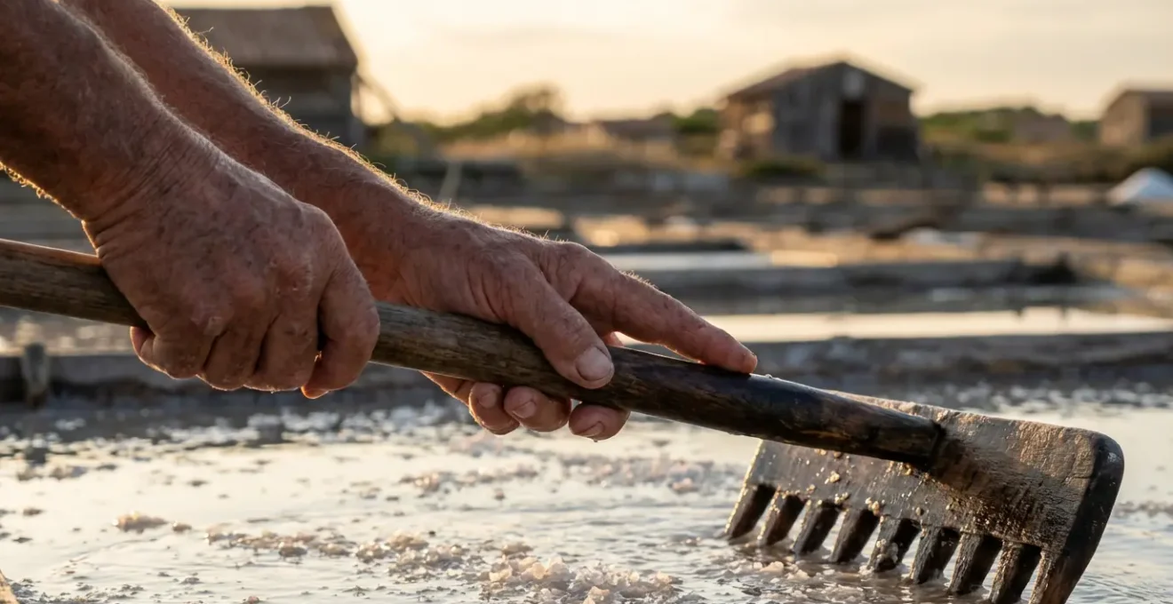 Saunier récoltant la fleur de sel avec une lousse traditionnelle au coucher du soleil
