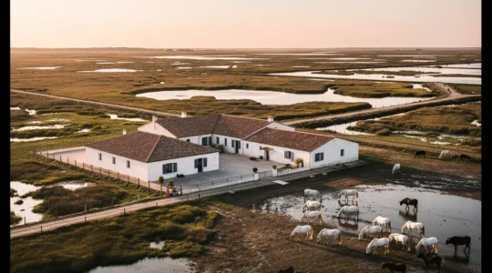 Vue aérienne d'une manade camarguaise avec des chevaux blancs et des taureaux noirs dans les marais au coucher du soleil