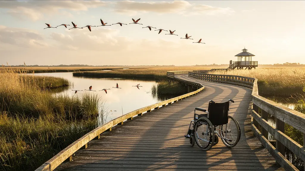 Sentier accessible désert en Camargue baigné par la lumière dorée de fin d'après-midi