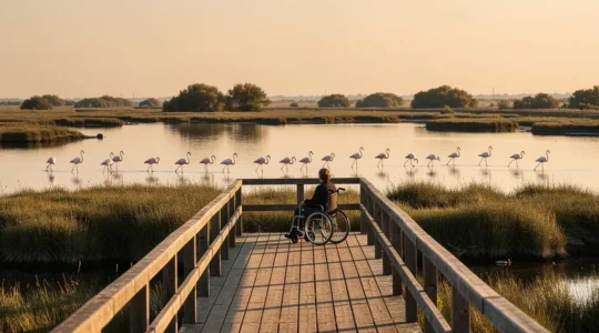 Sentier accessible en bois traversant les marais de Camargue avec une personne en fauteuil roulant contemplant les flamants roses au loin