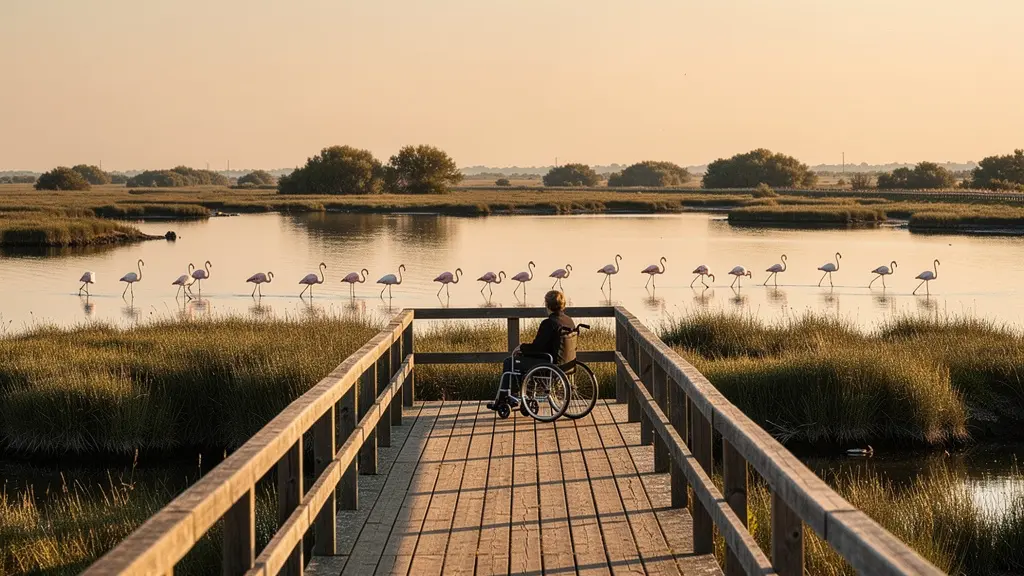Sentier accessible en bois traversant les marais de Camargue avec une personne en fauteuil roulant contemplant les flamants roses au loin