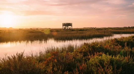 Paysage paisible de la Camargue au coucher de soleil avec ses étangs et sa végétation caractéristique