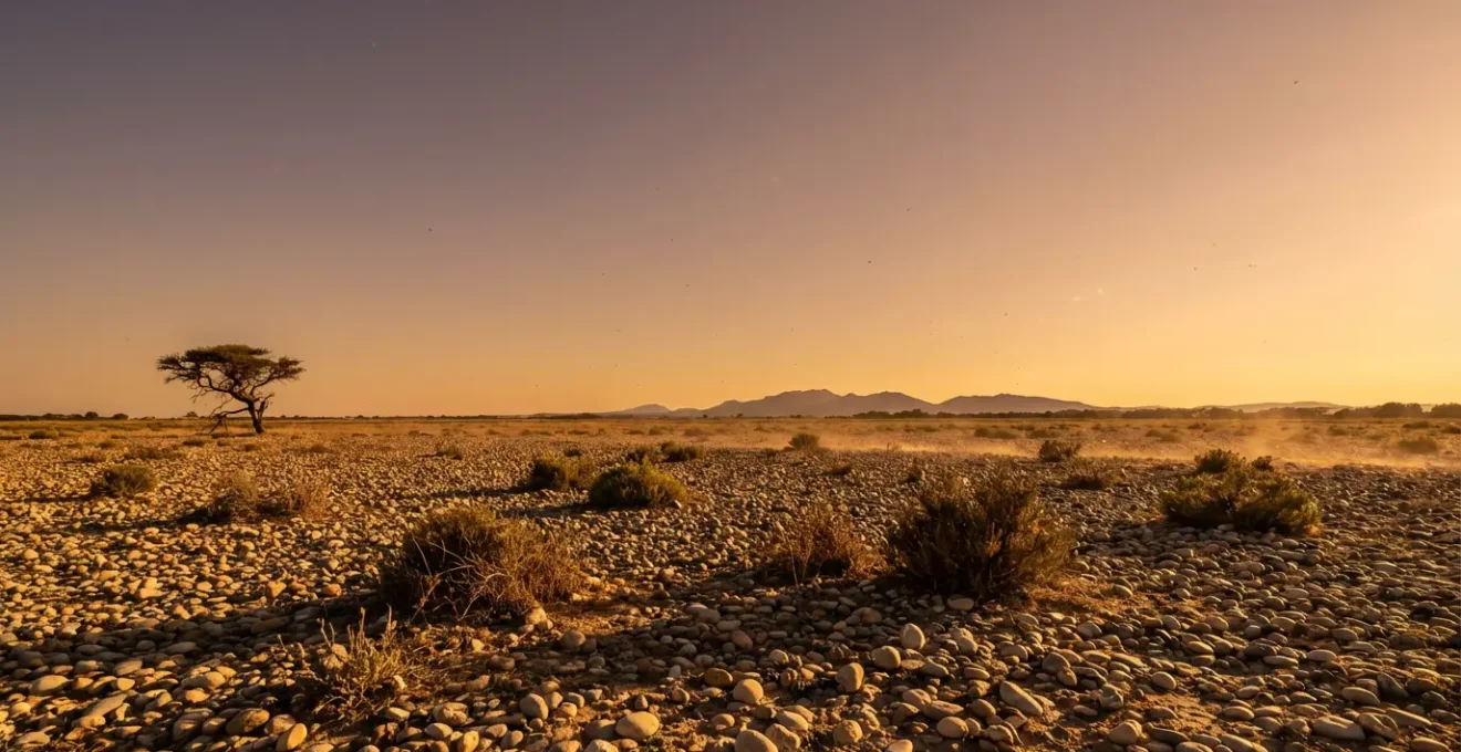 Vue panoramique de la steppe de la Crau avec ses galets caractéristiques sous un ciel immense