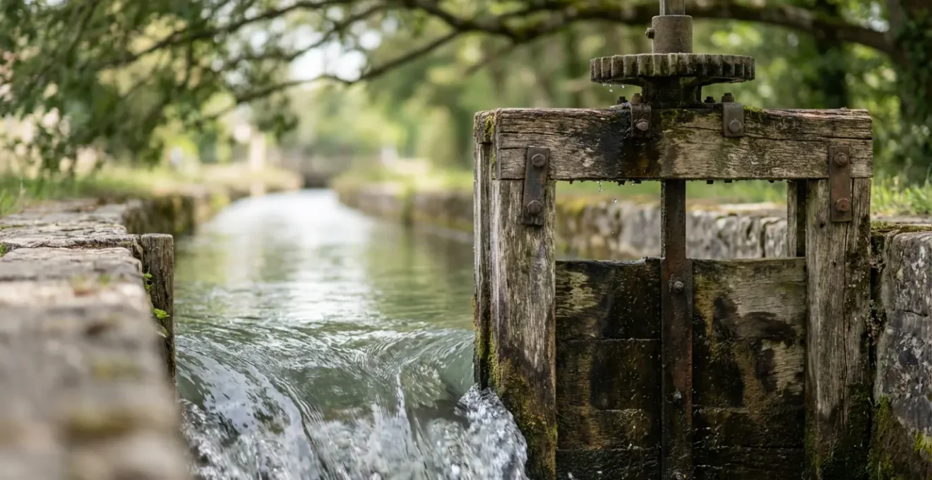 Système de vannes traditionnelles en bois contrôlant la distribution de l'eau dans les canaux secondaires