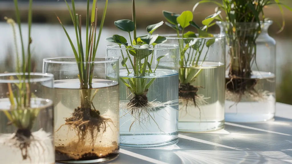 Vue aérienne d'un système de phytoépuration naturel intégré dans un site de glamping en Camargue