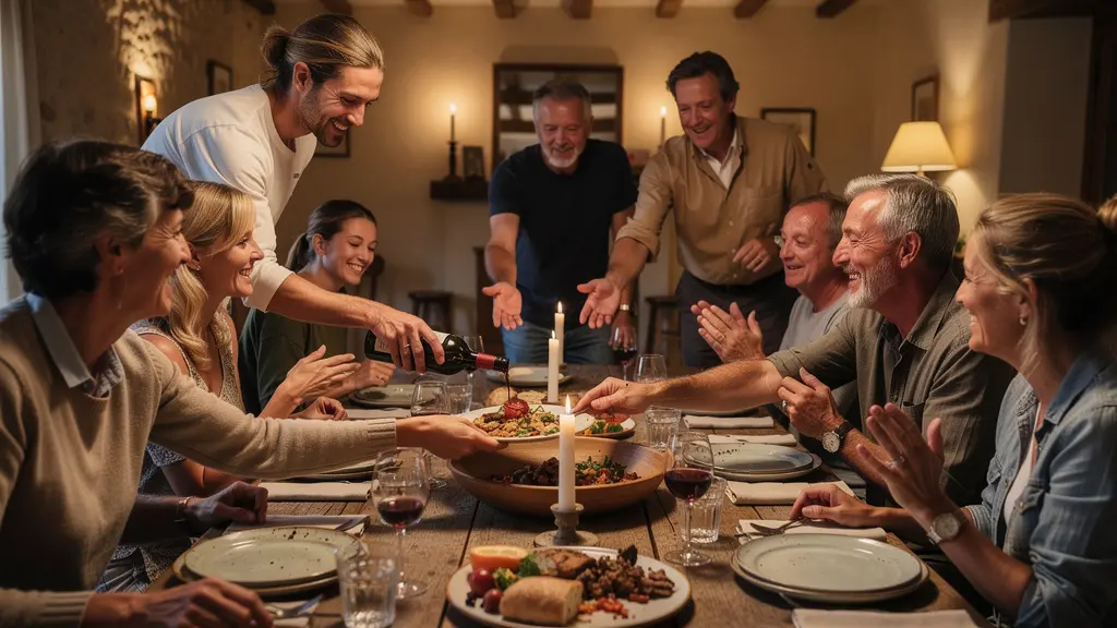 Vue d'ensemble d'une grande table familiale avec plats traditionnels français partagés entre hôtes et propriétaires