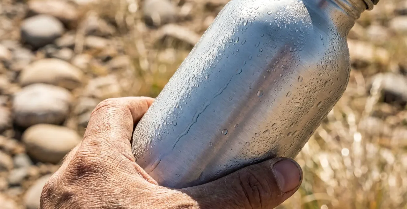 Main tenant une gourde d'eau métallique avec condensation visible dans un environnement aride
