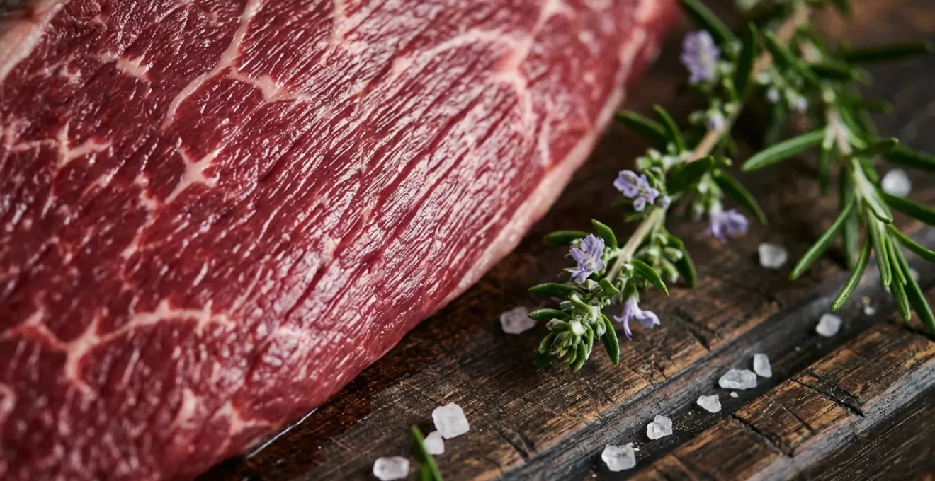 Coupe transversale de viande de taureau de Camargue montrant sa couleur rouge rubis caractéristique et sa texture musclée