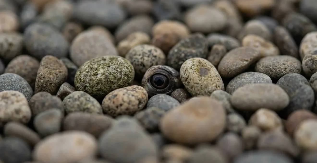 Vue macro d'un œil d'oiseau camouflé entre des galets méditerranéens