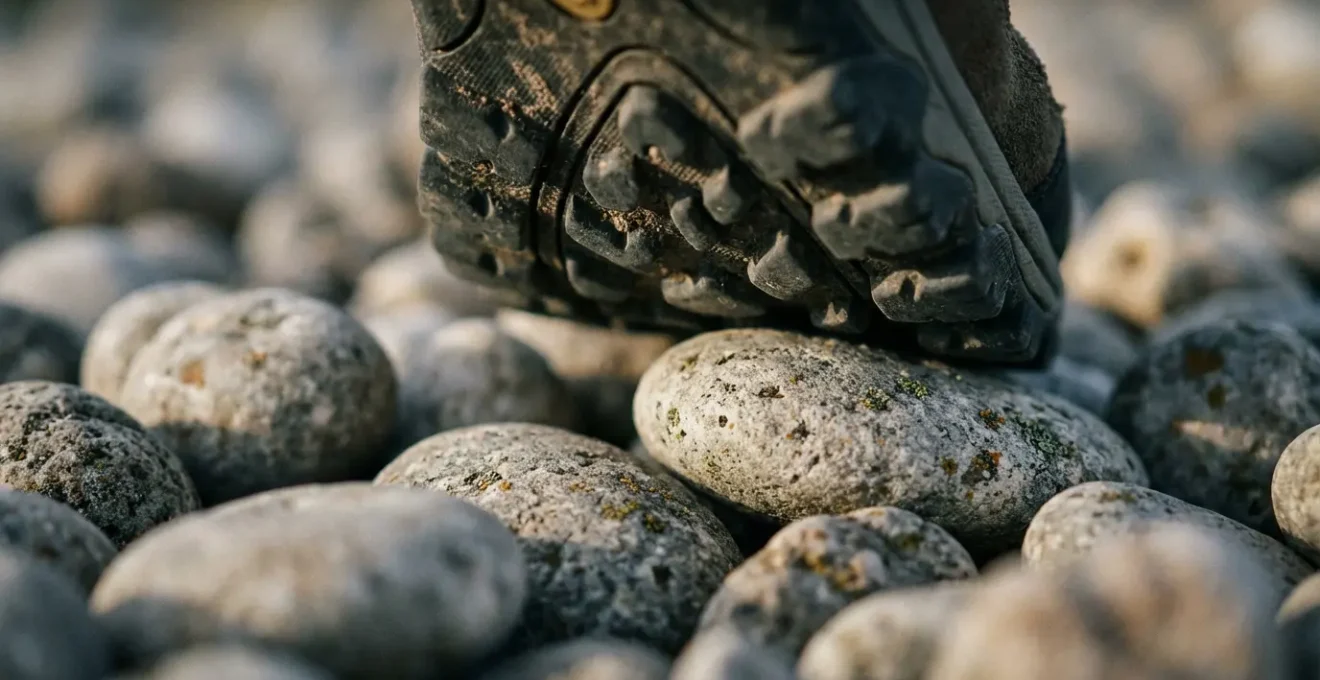 Gros plan sur la technique de pose du pied à plat sur les galets du coussoul