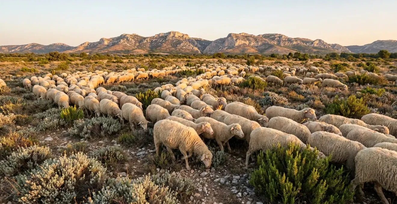 Troupeau de moutons Mérinos d'Arles traversant la plaine de la Crau au lever du soleil avec les Alpilles en arrière-plan