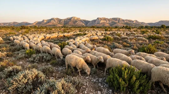 Troupeau de moutons Mérinos d'Arles traversant la plaine de la Crau au lever du soleil avec les Alpilles en arrière-plan