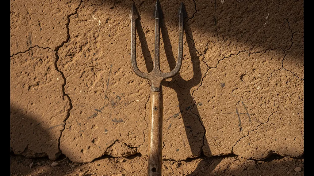 Trident de gardian traditionnel appuyé contre le mur en terre d'une cabane camarguaise