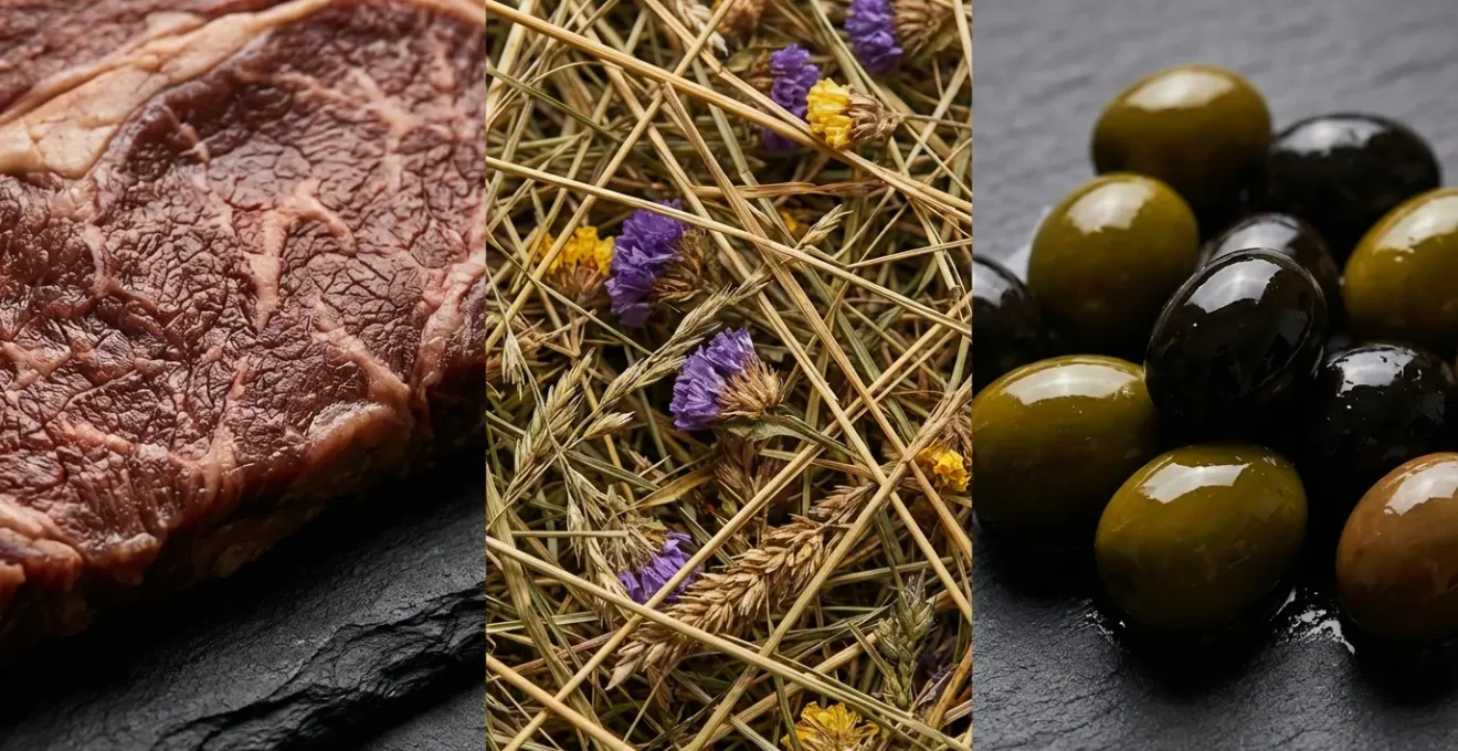 Composition artistique montrant les trois produits AOP de Camargue disposés sur une table provençale