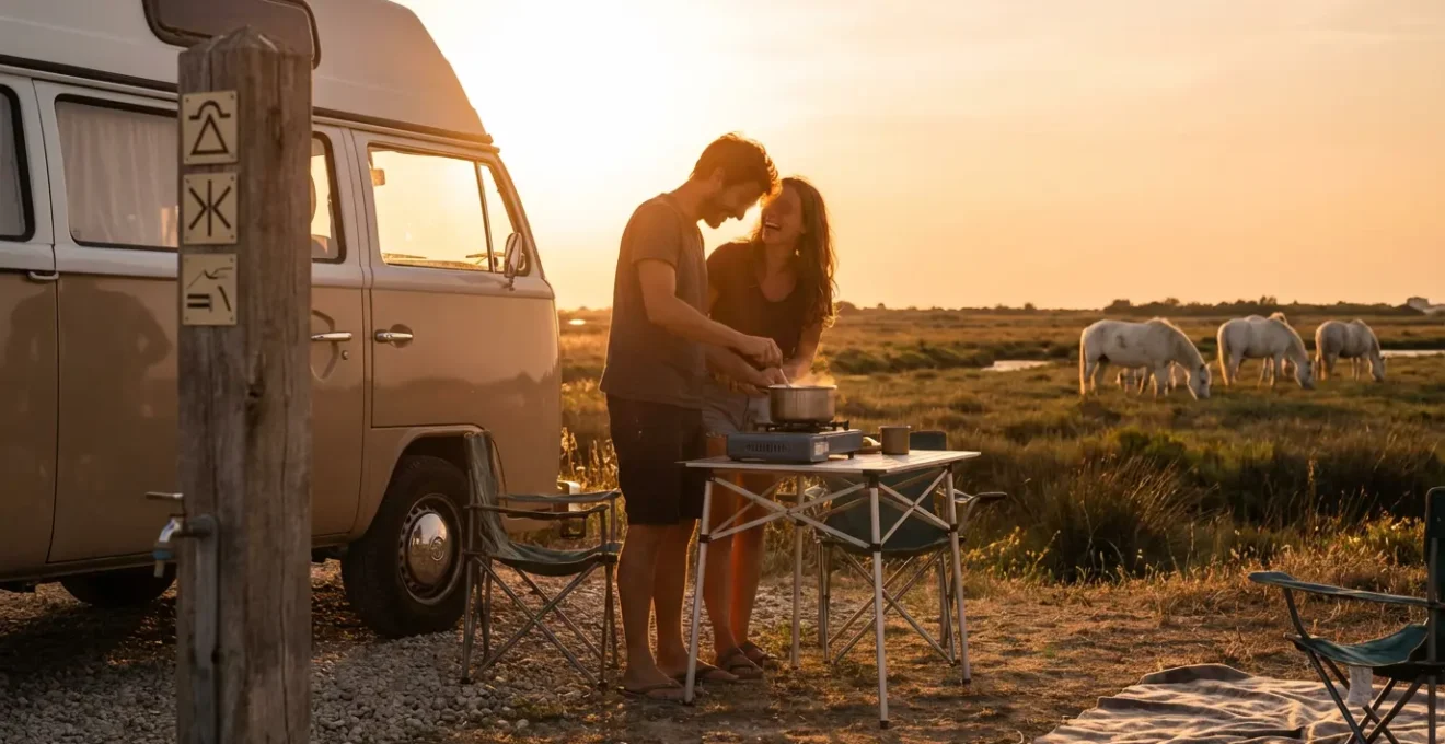 Van aménagé stationné dans une aire dédiée avec vue sur les marais de Camargue au coucher du soleil