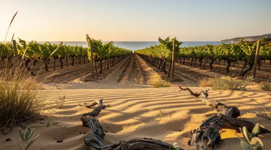 Vignes sur sables dorés avec la mer Méditerranée en arrière-plan en Camargue