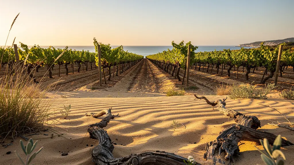 Vignes sur sables dorés avec la mer Méditerranée en arrière-plan en Camargue
