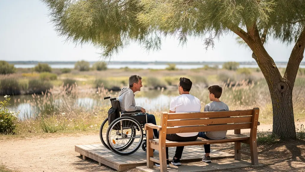 Zone de repos sur un sentier de Camargue avec banc accessible et espace pour fauteuil roulant